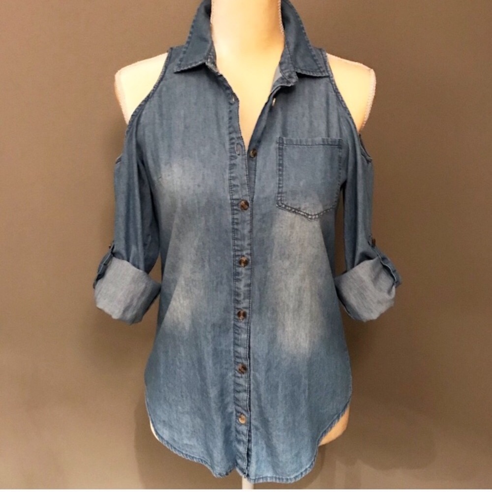 Cold Shoulder Denim Shirt Size Small (EUC)
